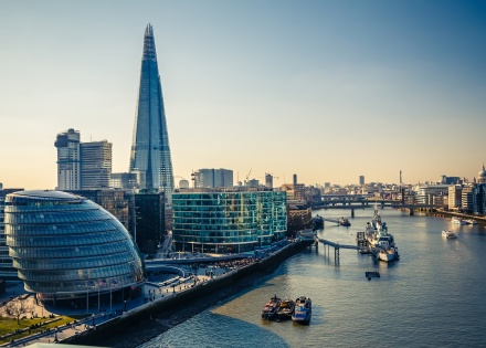 Aerial view of the River Thames and Shard Skyscraper in Southwark, London, England