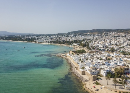 Aerial view of Hammamet Tunisia with the kasbah and Mediterranean