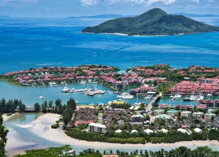 Aerial view of Eden Island marine park in Seychelles