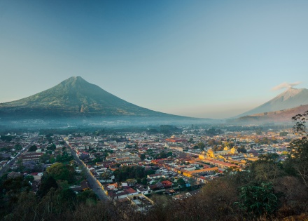 View of Agua volcano towering over Antigua Guatemala