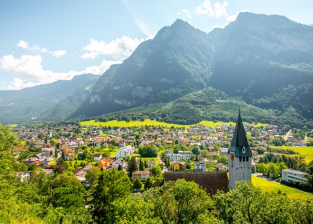 Balzers village nestled in the Alps in Liechtenstein