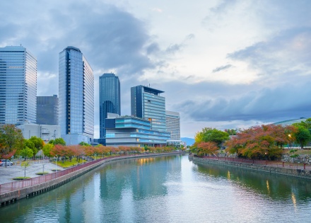 View from the river of Osaka's business district skyscrapers