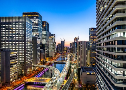 Osaka commercial district and expressway at dusk in Japan