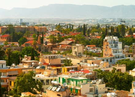 Aerial view of Nicosia in Cyprus with mountains in the background