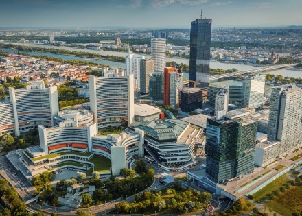 Aerial view of Donau City and UNO City in Vienna Austria