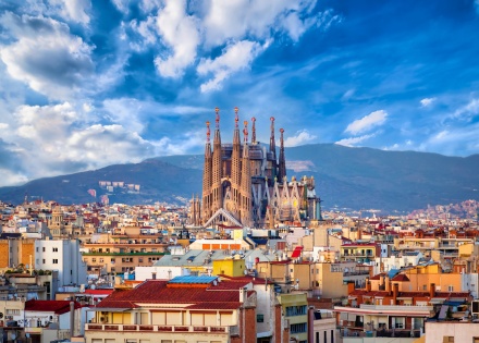 Aerial view of Barcelona, Spain, with the Sagrada Família basilica