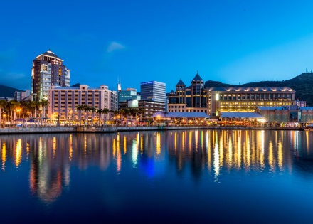 Port Louis in Mauritius reflecting on the ocean at night
