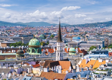 Panoramic view of Vienna Austria’s Hofburg complex and steeple