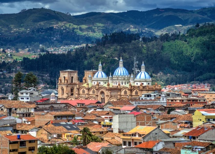 Aerial view of Cuenca, Ecuador, and it's cathedral