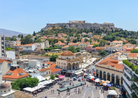 Aerial view of Monastiraki Square and the Acropolis in Athens Greece