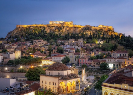The Parthenon and Acropolis illuminated at night in Greece