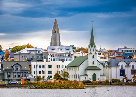 Reykjavik, Iceland's church steeples seen from the ocean