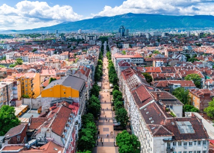 Aerial drone shot of Sofia City Bulgaria Vitosha