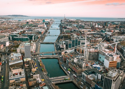 Aerial view of Dublin Ireland, the River Liffey, and Dublin Bay