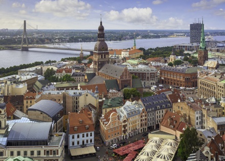 Aerial view of downtown Riga, Latvia and Daugava River