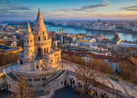 Aerial view of the Fisherman’s Bastion in Budapest Hungary