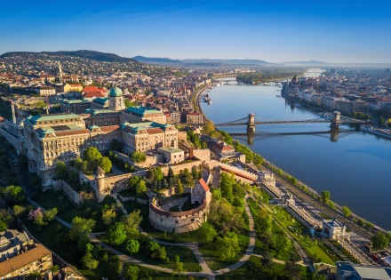 Aerial view of Budapest, Buda Castle, and the Szechenyi Chain Bridge