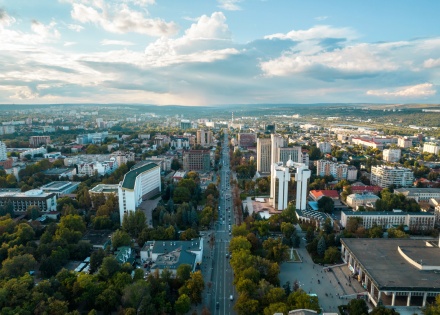 Aerial view of downtown Chisinau at sunset in Moldova
