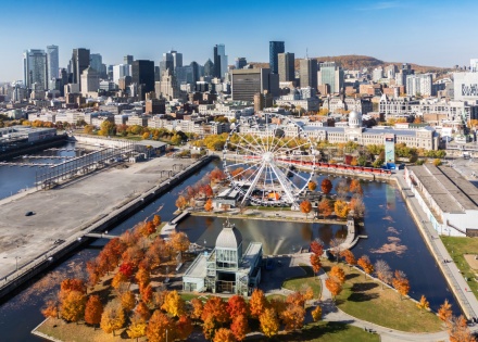 Aerial view of Montreal Old Port during autumn