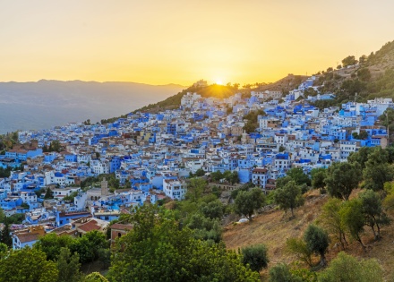 Panoramic view of beautiful Chefchaouen at sunset in Morocco