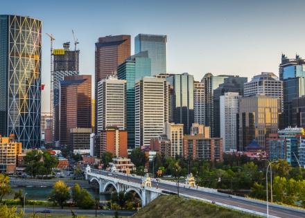 Calgary skyline with skyscrapers and office buildings