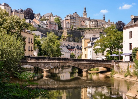 Grund Bridge over the Alzette River in a valley in Luxembourg