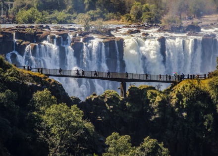 Aerial shot of Victoria Falls Zambia with a bridge