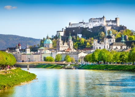 Beautiful Salzburg as seen from the Salzbach River in Austria