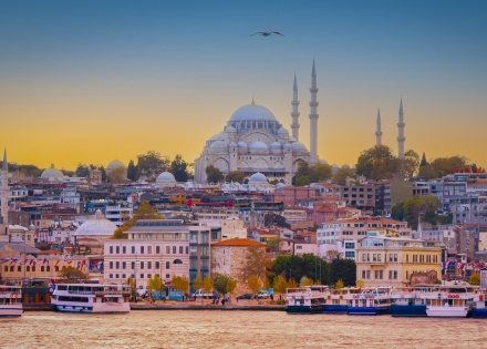 View of Istanbul Turkey from the Bosphorus at sunset