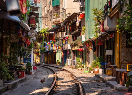 Hanoi Vietnam’s famous train street crowded with shops