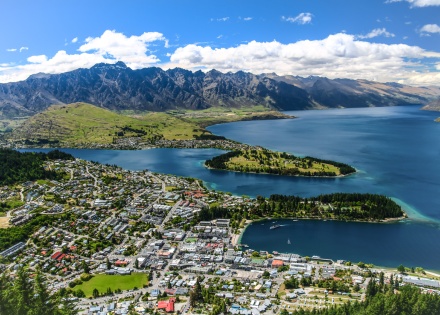 Aerial view of Queensland and the surrounding bay and mountains in New Zealand
