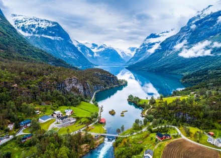 Aerial view of Lovatnet Lake’s exit in Norway