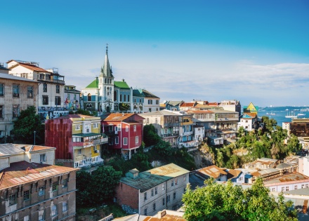 Cityscape of Valparaiso, Chile, from the hills to the sea