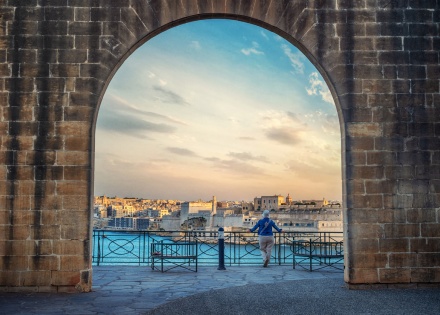 Upper Barrakka Valletta viewpoint in a gate at sunset on Malta