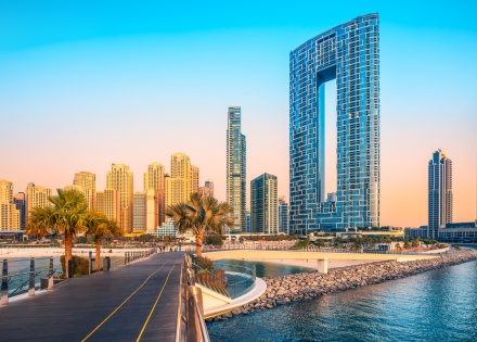 Stunning view of Dubai UAE from Jumeirah Beach at sunset