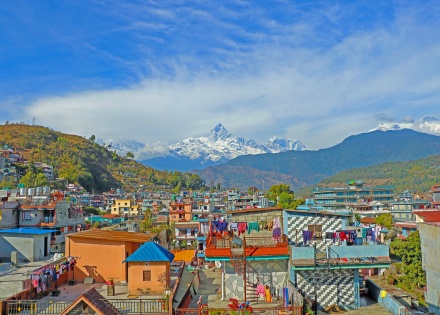 Panoramic view of Pokhara with Machapuchare in the background in Nepal