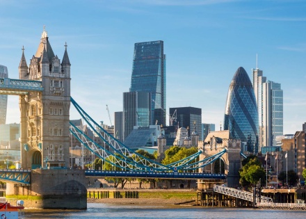 The financial district of London and the Tower Bridge.