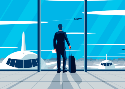 graphic of man watching planes fly out of airport representing business travel news