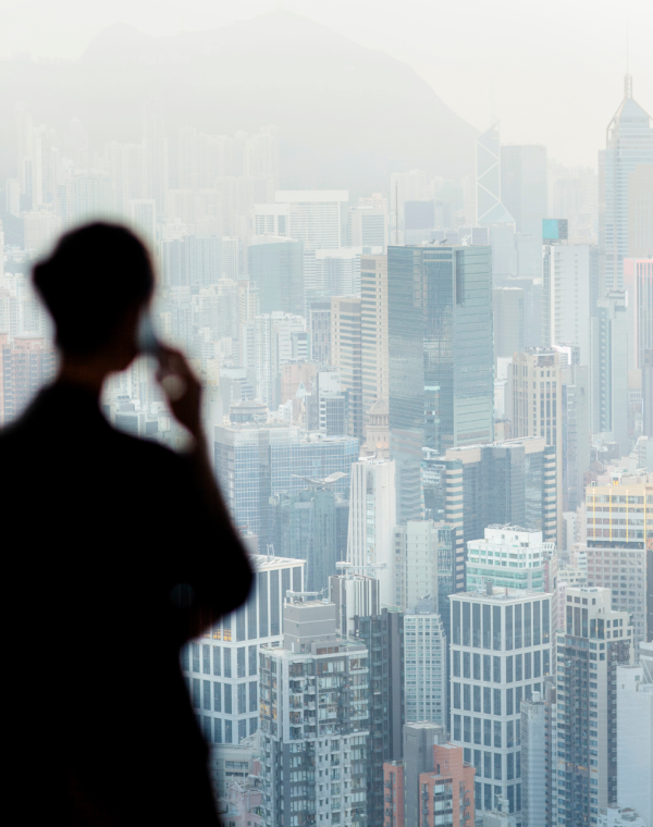 Silhouette of person looking out at a skyline view of buildings