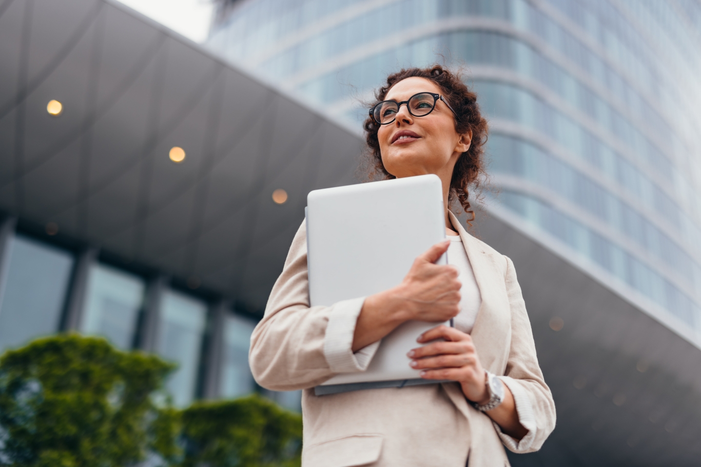 Professional businesswoman feeling confident regarding EOR global expansion.