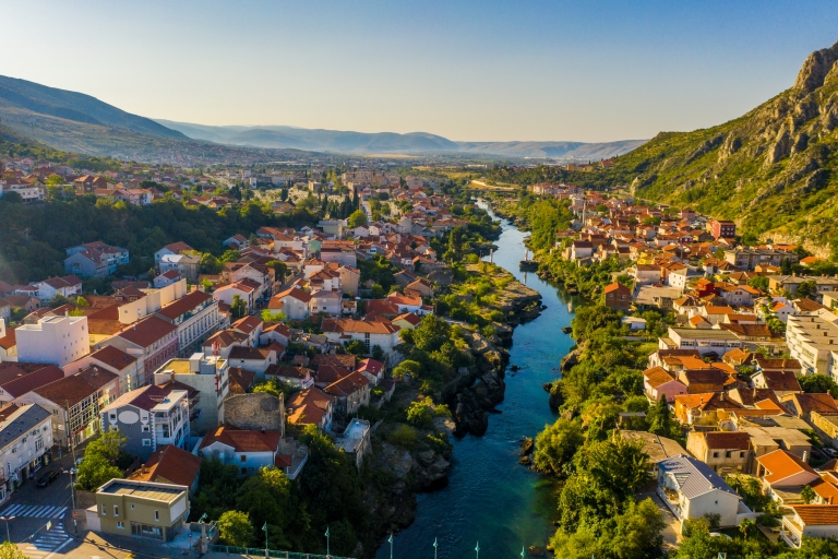 Aerial view of Mostar at sunset in Bosnia and Herzegovina