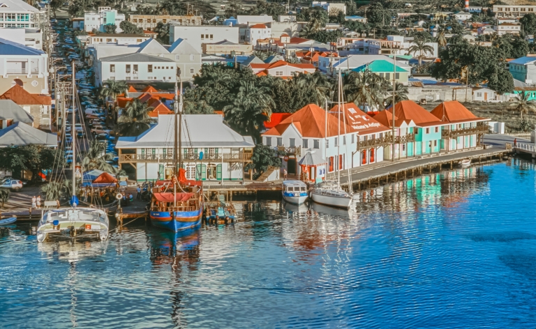 Aerial view of a dock in Barbados with sailboats