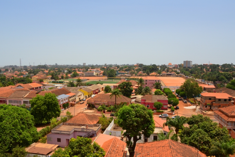 Aerial view Guinea Bissau’s red roofs and lush trees
