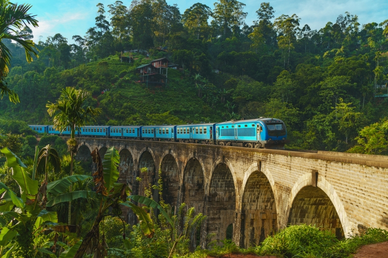 Blue train crossing the Nine Arch Bridge in Sri Lanka