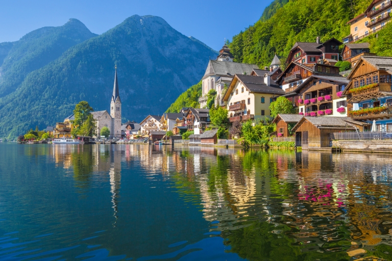 View from Hallstätter Lake of historic Hallstatt village in Austria