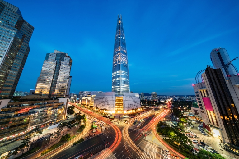Lotte tower at night in Seoul, South Korea