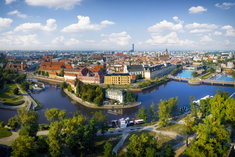 Aerial view of Wroclaw Poland’s Oder riverfront in the evening