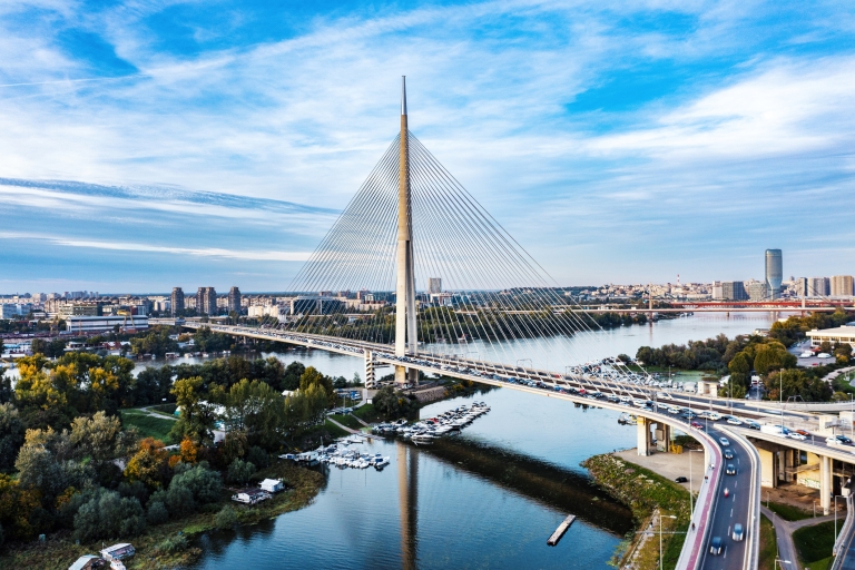 Aerial view of the Ada Bridge over the Sava River in Belgrade Serbia