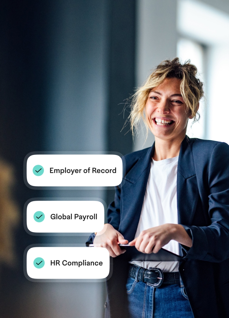 Woman holding a tablet with UI of employer of record, global payroll, and HR compliance layered on time.