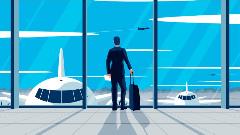 is-the-age-of-business-travel-over graphic of man watching planes fly out of airport representing business travel news